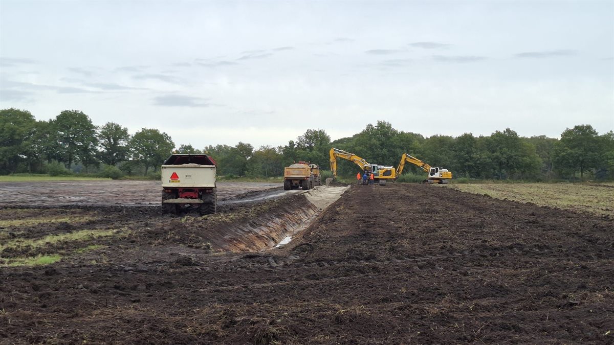 Op veel plekken in het centrale open gebied waar de bovengrond deels wordt afgegraven, liggen sloten en greppels. Deze worden gedicht met zandige grond zodat het regenwater de bodem in kan dringen en niet meer snel richting beek wordt afgevoerd