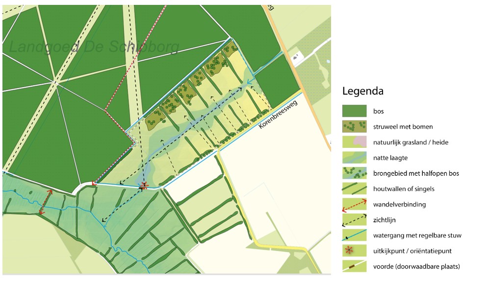 Projectkaart Grote Spelden met bos, natuurlijk grasland, wandelverbindingen en een stuw